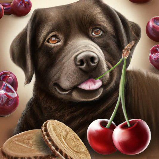 a Labrador dog with Morello Cherry, Chocolate & Biscuit.
